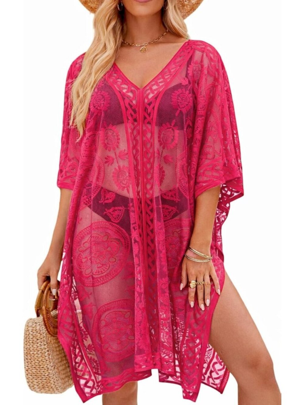 Women's Pink Boho Crochet Swimsuit Cover Up V Neck Loose Fit Beach Kaftan Dress